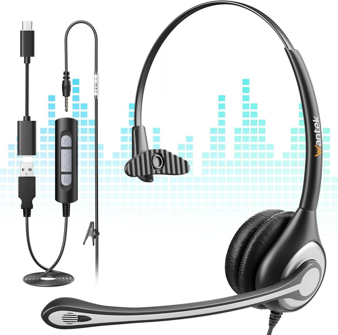 Wantek Computer Headset with Microphone for PC,Laptop,USB Headset with Noise Cancelling & Audio Controls,Computer Headphones for Call Center,Work,Ofiice,Mono (3.5 mm/USB/Type-c Monaural)