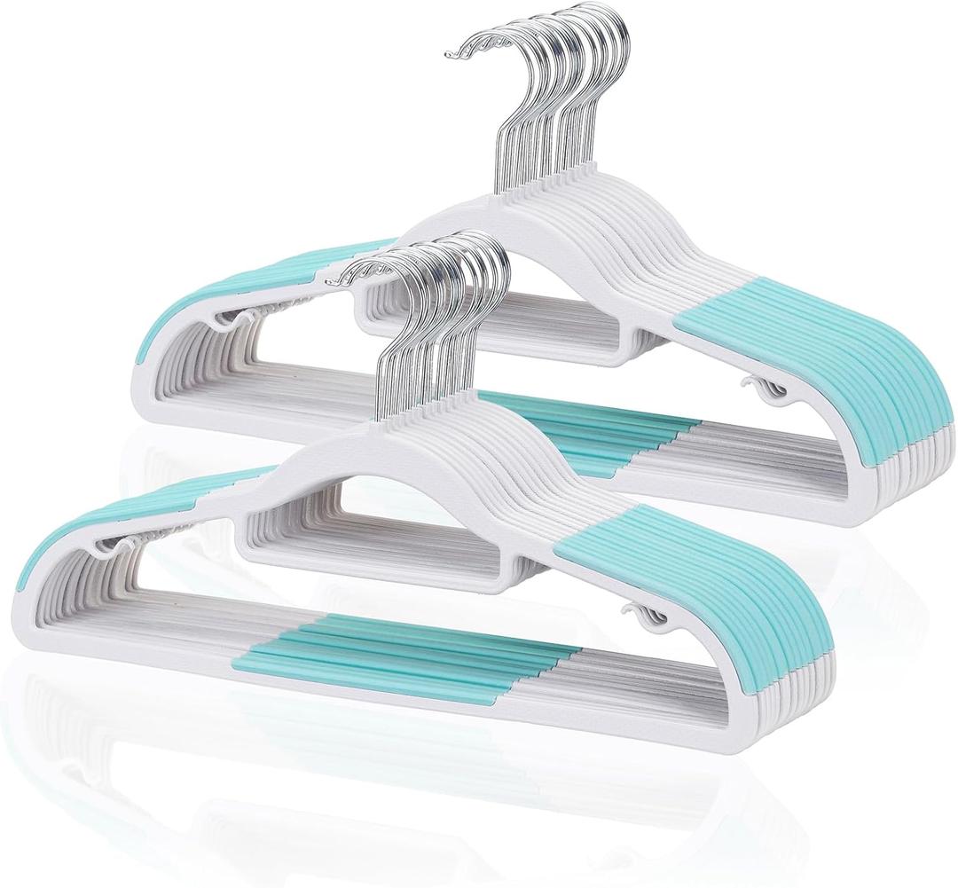 Pack of 30 Coat Hangers, Space-Saving Plastic Clothes Hangers, Non-Slip, 0.2 Inches Slim, 360 Swivel Silver Hook for Shirts, Pants, Suit & Wet/Dry Garments, Blue and White