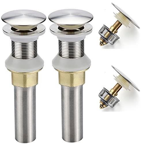 Rockgoya Bathroom Sink Drain,2 Pack Drain Stopper Bathroom Sink Without Overflow,Pop Up Drain Assembly with Detachable Strainer Basket,Built-in Anti-Clogging Strainer,Stainless Steel Brushed Nickel
