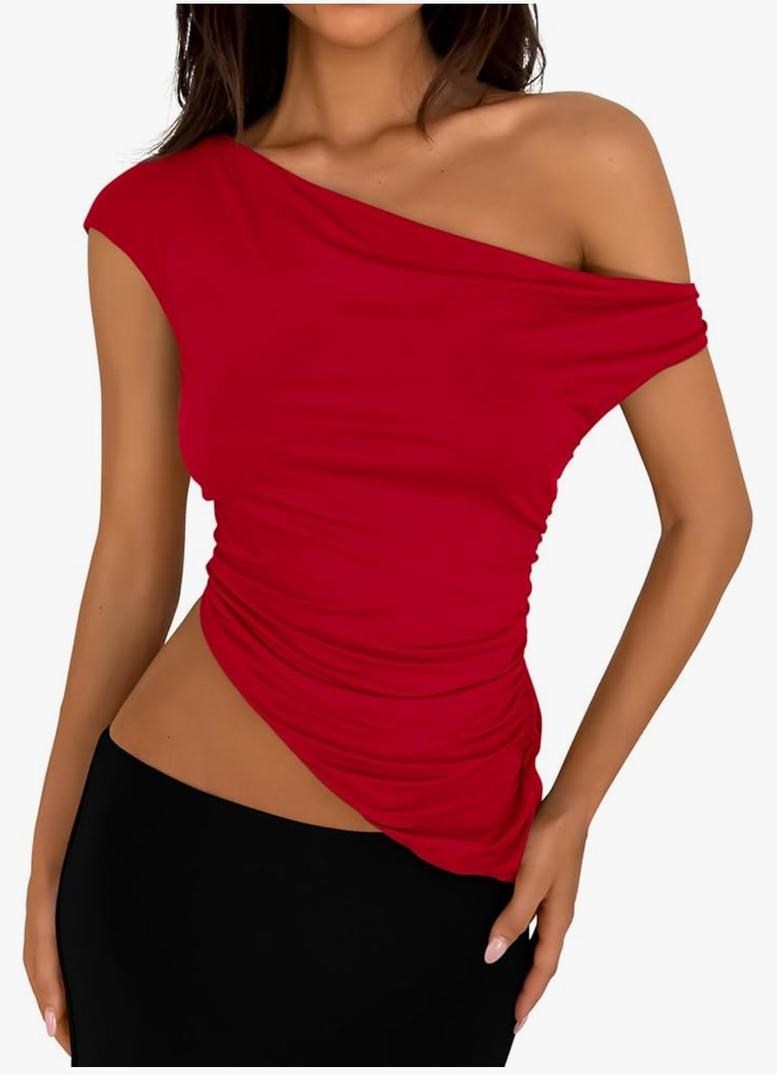 PRETTYGARDEN Womens Off The Shoulder Y2K Tops 2026 Summer Sleeveless Asymmetrical Ruched Going Out Tank Top Fashion Clothing, Size S