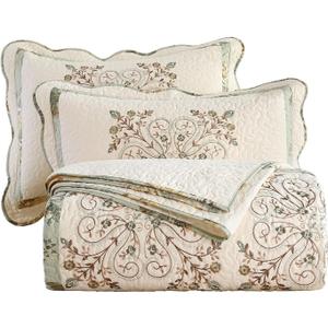 vctops 3 Piece Farmhouse Patchwork Quilt Set Oversized Queen, Elegant Floral Embroidered Cotton Quilted Bedspread Coverlet Lightweight Reversible Bedding Cover with 2 Pillow Sham (98x106 in)