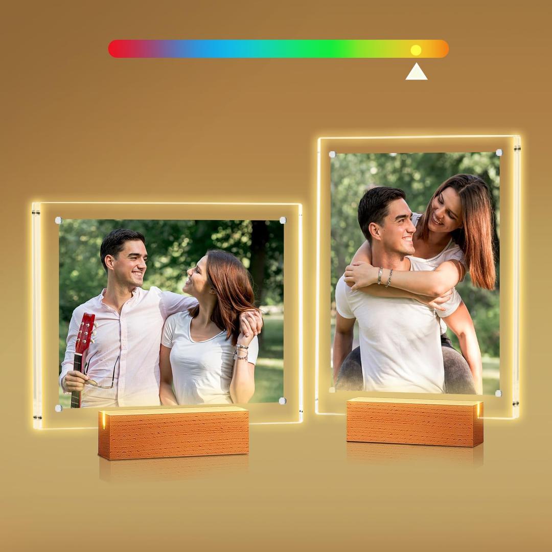 2 Pack 5x7 Acrylic Picture Frame with LED Light Wooden Base, Clear Magnetic Photo Frames, Gifts for Couple, Mom, Dad, Sister, Frineds
