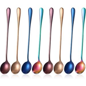 8 Pieces Long Handle Tea Spoon Stainless Steel Coffee Mixing Spoons Teaspoon for Mixing, Cocktail Stirring, Coffee, Milkshake, Cold Drink, 7.48 Inch (Round Style)