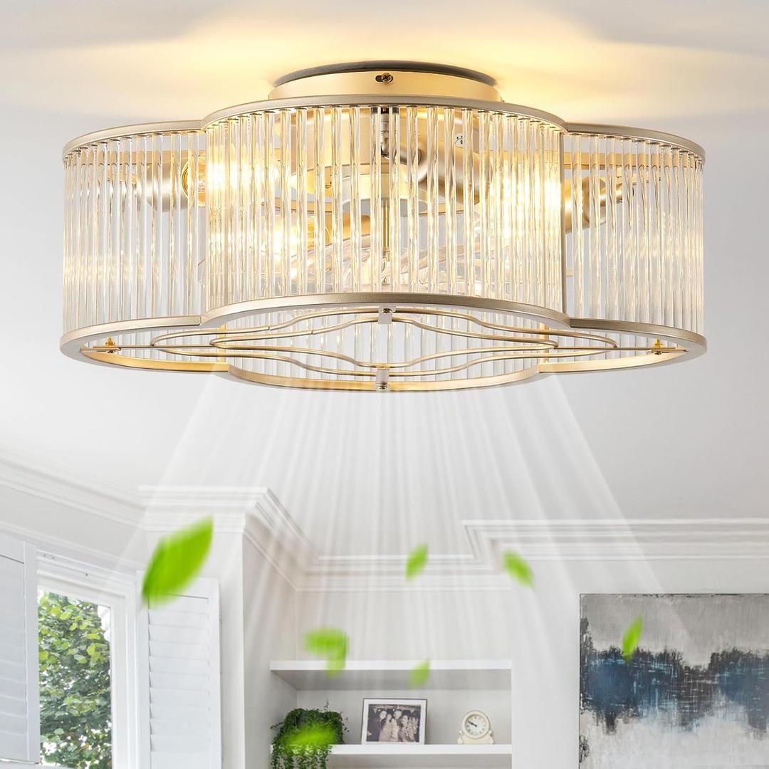 20" Gold Crystal Ceiling Fan with Light, Crystal Flush Mount Ceiling Fan with Light Remote Control, Caged Enclosed with 6 Speeds for Bedroom, Living Room, Foyer, Nursery (Clear)