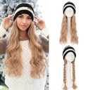 Benehair Beanie Wig Hair Extensions, Knitted Hats with Synthetic Water Wave Wig Hairpieces for Women Winter, 18 Inch Long Wavy Blonde Mixed Hair with Black & White Stripe Beanie
