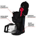 BLACK+DECKER 12-Cup Coffee Maker with Easy On/Off Switch, Easy Pour, Non-Drip Carafe with Removable Filter Basket, Vortex Technology, Black