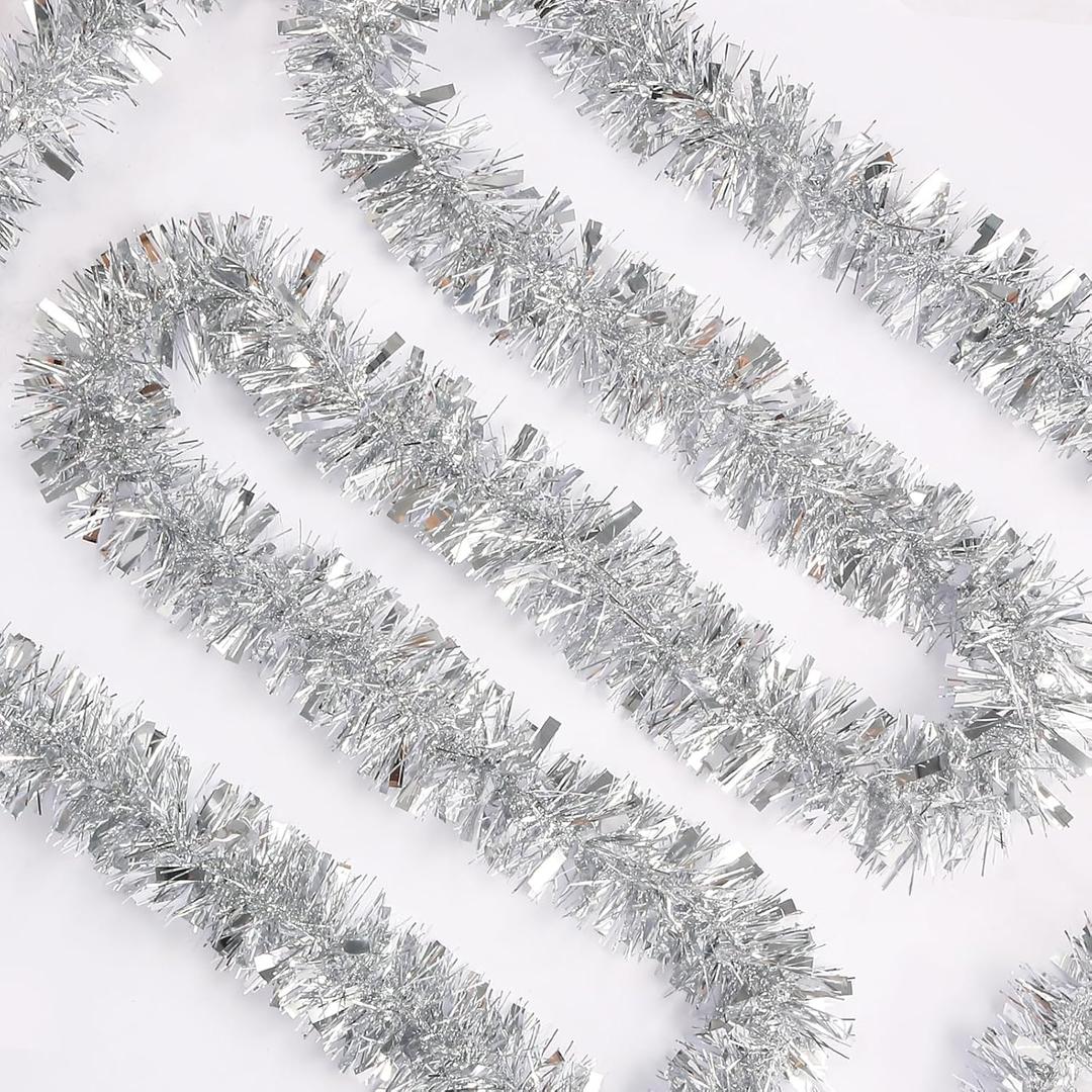 50FT Christmas Tinsel Garland, Xmas Metallic Tinsel Twist Hanging Garland for Christmas Tree Indoor and Outdoor Holiday Party Decoration (Silver)