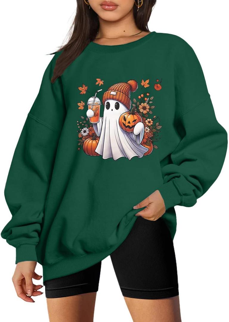 MNLYBABY Halloween Sweatshirts Women Cute Ghost Shirt: Oversized Coffee Lover Fall Pumpkin Sweater Spooky Hoodie Top (Green, S)