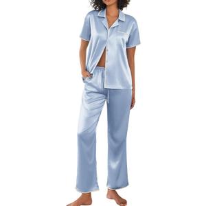 Ekouaer Silk Pajamas for Women Set Satin Two Piece Pjs Sets Ric Rac Trim Contrast Loungewear (Large, Light Blue)