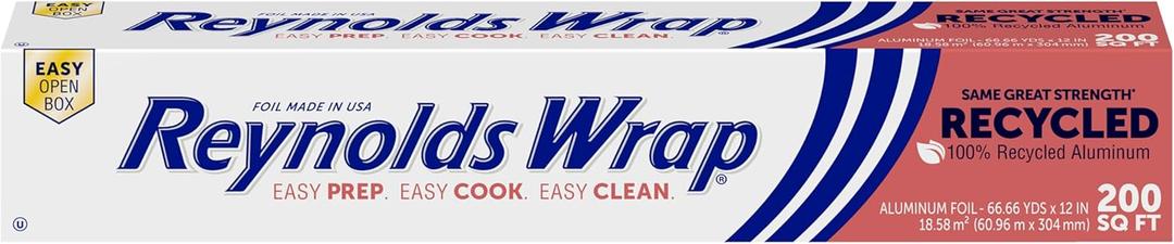 Reynolds Wrap Recycled Aluminum Foil, Recycled Foil Roll, Made From 100% Recycled Materials, With Secure Easy Open and Close Tab, 200 Sq. Ft.