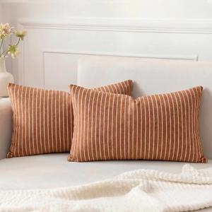 Striped Textured Chenille Lumbar Pillow Covers 20x12 Set of 2, Soft Double-Sided Decorative Throw Pillow Cover, Solid Modern Cushion Covers, Giftable Home Decor (Rust Brown, 20x12)