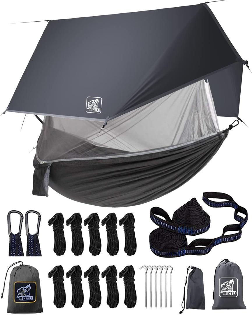 Miztli Camping Hammock with Net and Rain Fly, Portable Lightweight Outdoor Hammock Tree Travel Backpacking Hammock Tent with 20Ft(Total) Tree Straps, Perfect for Camping Hiking Yard Adventure Survival (Grey Bundle)
