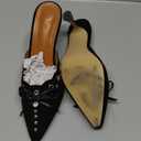 ATBELL Kitten Heel Mules for Women Bow Tie Suede Stiletto Heels Mule Pointed Toe Studs Slide Heeled Sandal Pumps for Wedding Dress Party Black Size 8