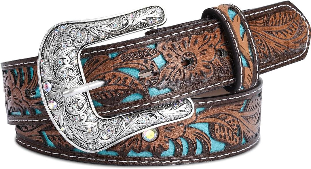 Western Belts Vintage Cowgirl Cowboy Country Belt for Woman Men Gifts, Carved Buckle-Belts for Jeans Pants Dresses (Brown)