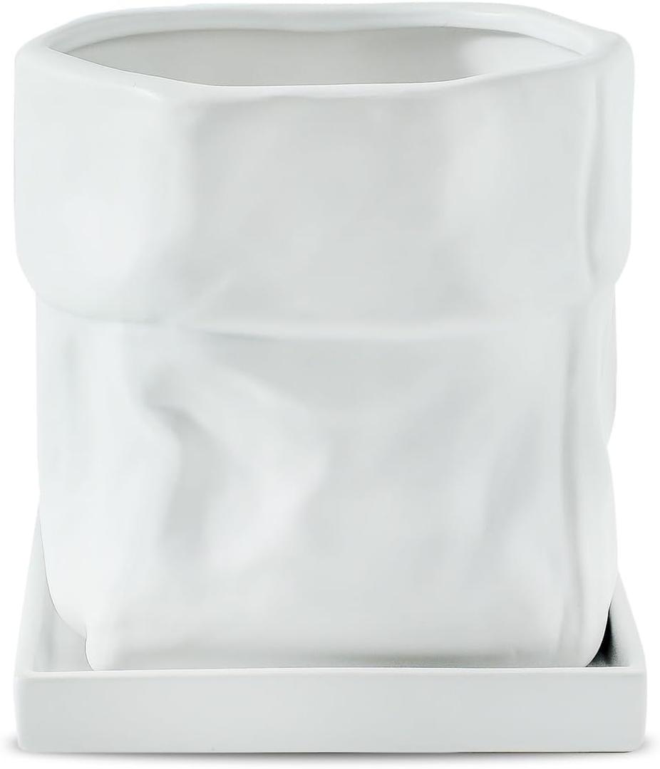 Nihow Ceramic Plant Pot: 6 Inch Planter with Drainage Hole & Square Saucer for Herbs/Plants, Bag Shape Design Flower Pot for Indoor & Outdoor Garden Decor - White