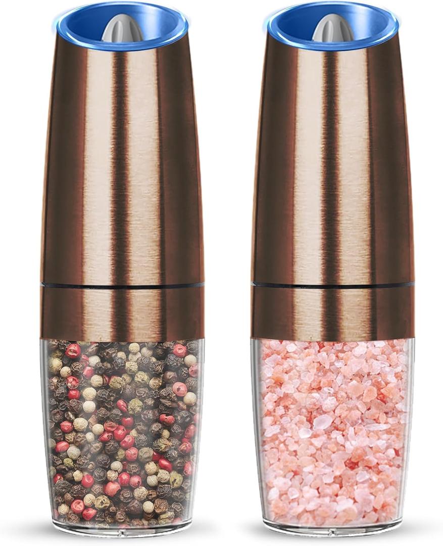 Gravity Electric Salt And Pepper Grinder Set, Automatic Salt And Pepper Grinder Set, Battery Powered (6 AAA Batteries Each), Adjustable Roughness, LED Light, 2 Pack, (Copper)