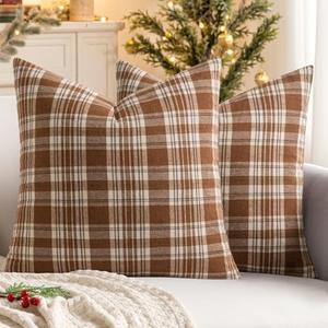 MIULEE Fall Set of 2 Scottish Tartan Plaid Throw Pillow Covers Farmhouse Classic Decorative Outdoor Square Cushion Cases for Halloween Thanksgiving Decor Sofa Couch 18x18 Inch, Brown and White