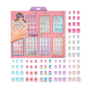7 Day Manicure Collection - 84PC Press On Nail Set, Day-of-The-Week Adhesive False Nails for Girls – Colorful Novelty Designs Stick On Nails for Kids (BFF)