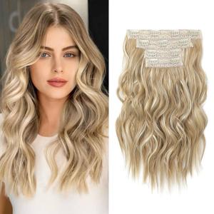 Hair Extensions, 14" Short Clip in Hair Extensions 4PCS Beach Wave Blonde Natural Soft Synthetic Hairpiece for Women - Honey Blonde with Highlights