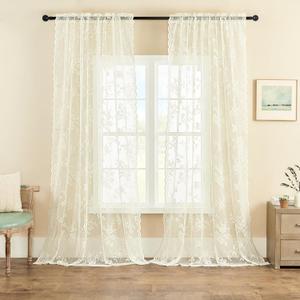 Lace Sheer Curtains 90 Inches Long 2 Panels Victorian Cream Floral Curtains for Dining Room Bedroom Rod Pocket Light Filtering Shabby Chic Curtains for Window Drapes Living Room Decor, 52x90, Ivory