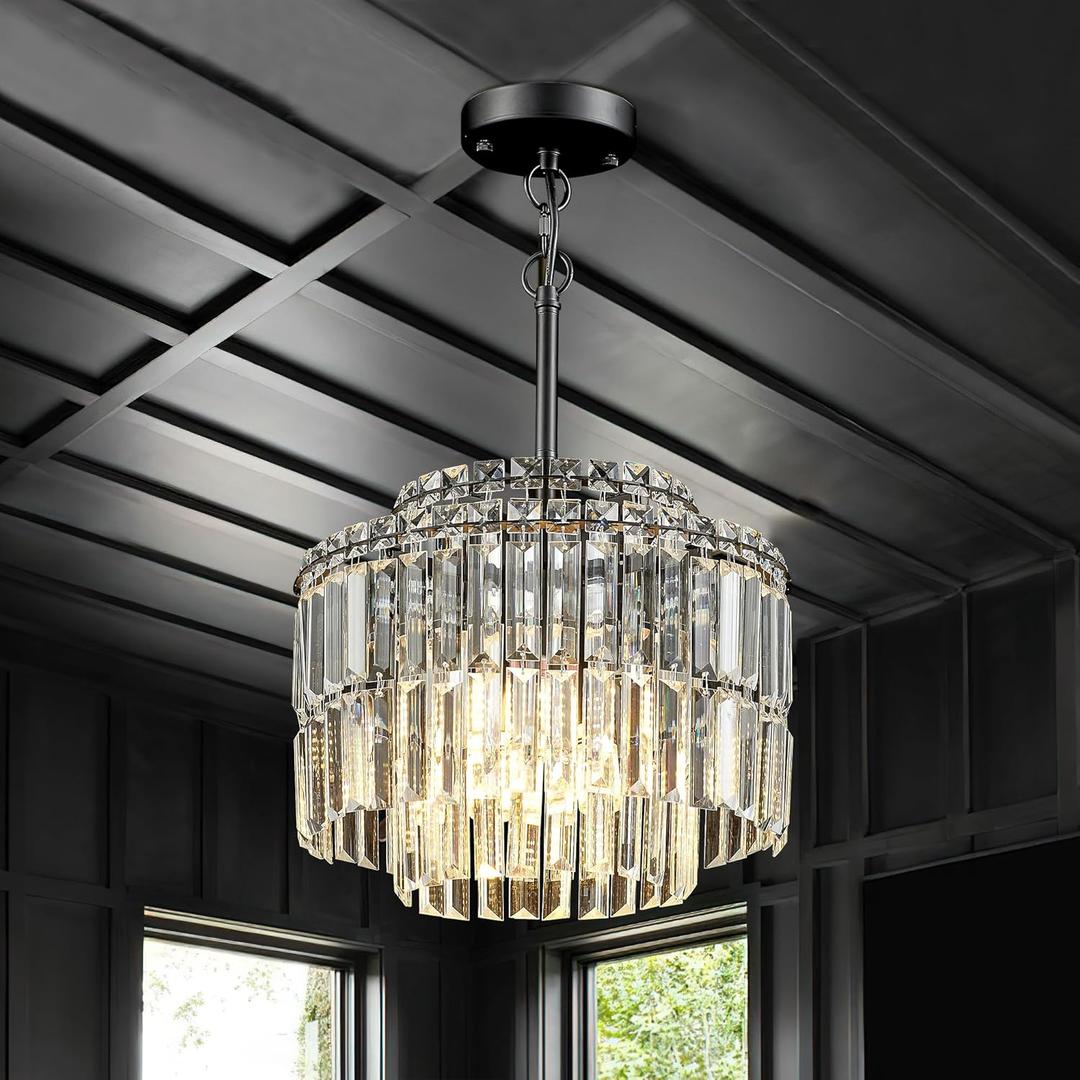 Modern 12.8 Black Crystal Chandelier Ceiling Light Fixtures for Dining Room Luxury Glam 4-Light Crystal Chandeliers Lighting for Bedroom Entryway Hallway Living Room Kitchen Island Foyer
