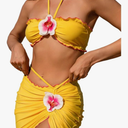 Milumia Women Three Piece Bikini Set 3D Floral Tie Back Lettuce Trim Halter Swimsuit with Cover Up