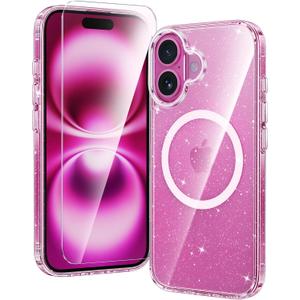 FNTCASE for iPhone 16 Plus Case: Clear Magnetic Phone Cases Compatible with Magsafe Slim Anti Yellowing Military Grade Drop Rugged Protective Transparent Cell Phone Cover (B-Glitter Magnetic)