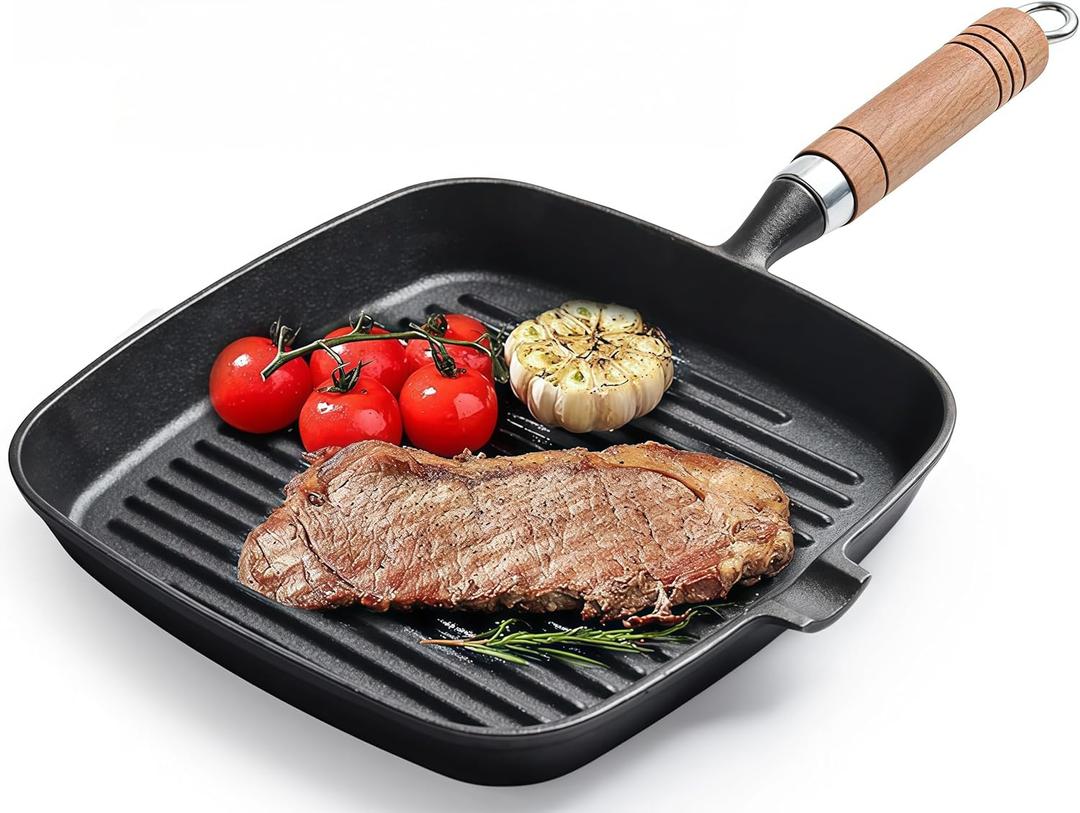 Grill Pan, 8.6 inch Cast Iron Grill Pans for Stove Tops Indoor Outdoor Cooking, Griddle Pan with Pour Spouts, Skillet for Searing Steak, PFOA Free - Naturally Nonstick Surface When Seasoned