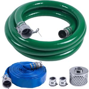 Discharge Hose Pump Kit Includes 2" x 65' Blue PVC Lay-Flat Backwash Hose & 2" x 20' Green PVC Suction Hose & Steel Round Hole Suction Strainer & Cam and Groove Adapter, for water/trash pump