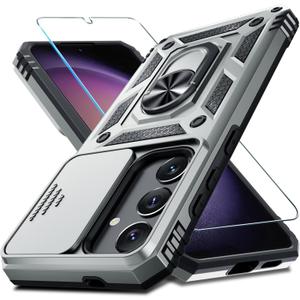 Janmitta Compatible with Samsung Galaxy S25 Plus/S24 Plus Case Built in Slide Camera Lens Cover+Screen Protector+Finger Ring Holder Kickstand,Heavy Duty Shockproof Full Body Phone Cover,Silver