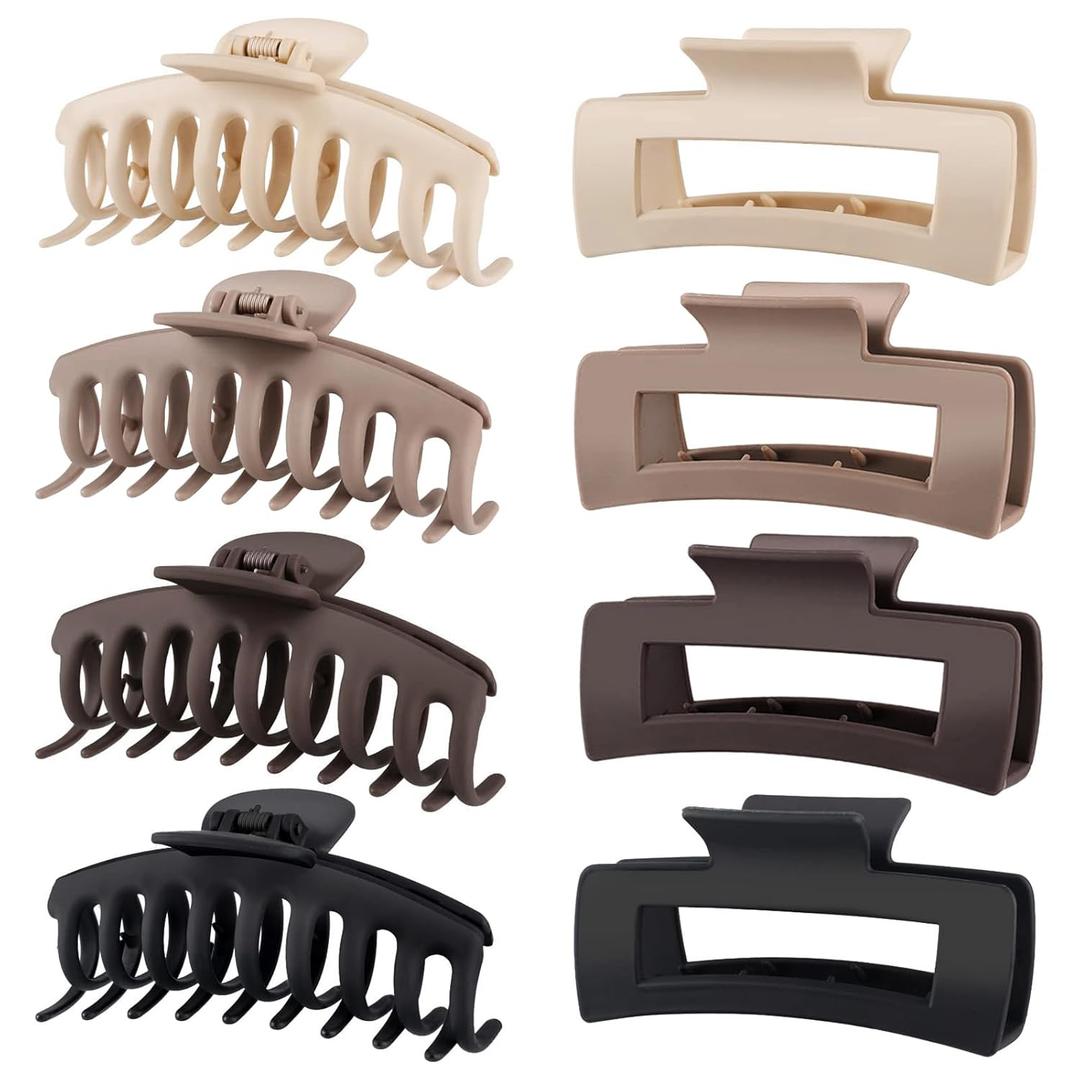 TOCESS Large Hair Claw Clips for Women Girls, 8PK Neutral Matte Jumbo Square Hair Clips for Thick, Thin, Long, Short, Curly Hair, Big Jaw Clip Set for Daily Use (Assorted C.Black, Brown, Beige, Khaki)