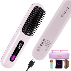 Cordless Hair Straightener Brush for Travel, 200 Million Negative Ionic Portable Hair Straightener Comb for Women with LED Display & 3 Temps, 30s Fast Heating USB Charging Smooth Frizz(Purple)
