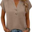 ANRABESS Women's Tops Puff Short Sleeve Henley Shirt Dressy Casual Blouses Summer Sweater 2026 Spring Business Cute Tunics Khaki, Small