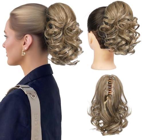 REECHO 9" Short Ponytail Extension, Classic Loose Curly Wavy Claw Clip Pony tails Hair Extensions HP001 Hairpieces for Women - Medium Blonde with Blonde Highlights