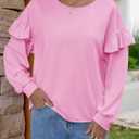 Fisoew Womens Crewneck Sweatshirts Fall Casual Ruffle Long Sleeve Roll Hem Loose Cropped Pullover Tops (Pink)
