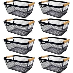 8 Pcs Black Wire Basket with Wooden Handle Metal Mesh Baskets for Pantry Storage Snack Organizer for Kitchen Cabinet Bathroom Fridge Fruit Makeup Office