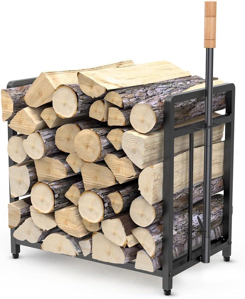 15.5-Inch Compact Metal Firewood Rack with Fire Blower, for Indoor Outdoor Use with Fireplaces, Stoves, and Grills, Black