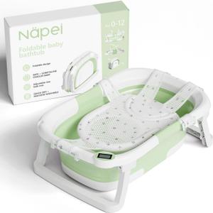 Collapsible Baby Bathtub,Baby Bath Tub with Soft Cushion & Thermometer,Baby Bathtub Newborn to Toddler 0-36 Months,Portable Travel Baby Tub (Green)