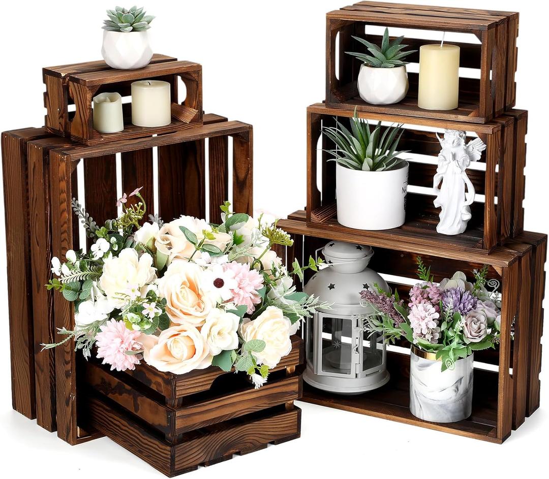 CroBlissful 6 Pcs Decorative Wood Crates for Storage Display Rustic Nesting Crates with Handle Farmhouse Wooden Storage Container Boxes for Wedding Baby Shower Birthday Party(Vintage Brown)