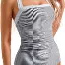 SUUKSESS Women Sexy Tummy Control One Piece Swimsuit Halter Retro Bathing Suit (Medium, Navy Blue Striped)