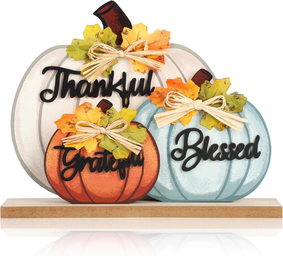 3 Pcs Fall Pumpkin Decor Wooden Table Sign Thankful Blessed Grateful Tabletop for Autumn Farmhouse Vintage Thanksgiving Harvest Party Rustic Home Room Table Shelf Halloween Decorations (Large, Blue White Orange)