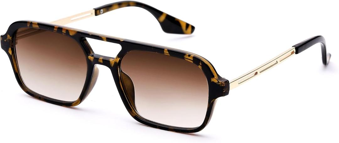 COASION Vintage 70s Flat Aviator Small Frame Sunglasses for Women Men Square Metal Design UV400 Protection Shades (B8 Leopard Frame/Gradient Brown Lens)