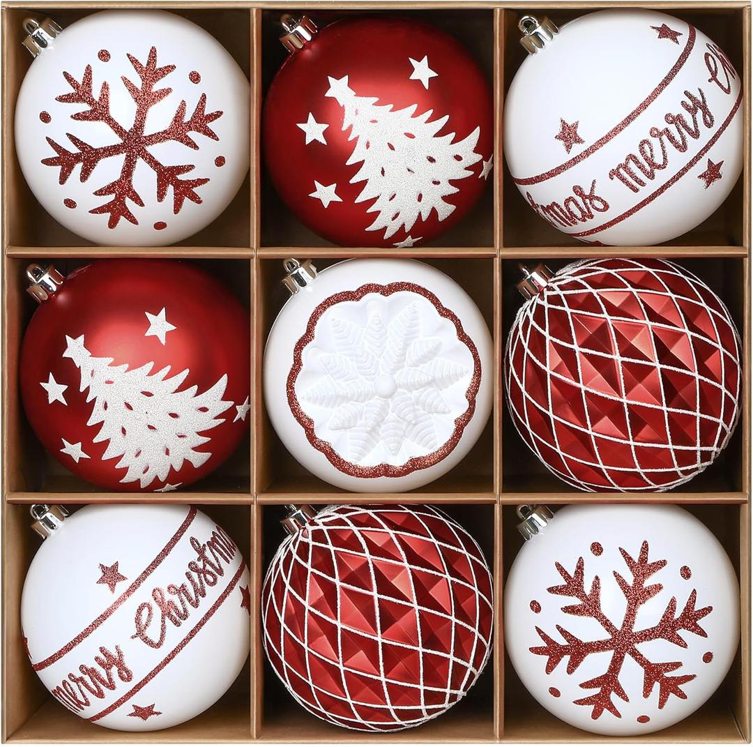 SHareconn 100MM/4 Inch 9PCS Large Christmas Balls Ornaments, Shatterproof Plastic Hanging Big Baubles Set for Xmas Tree Decoration Holiday Party Wedding Decorations with Hook,Red and White (10CM)