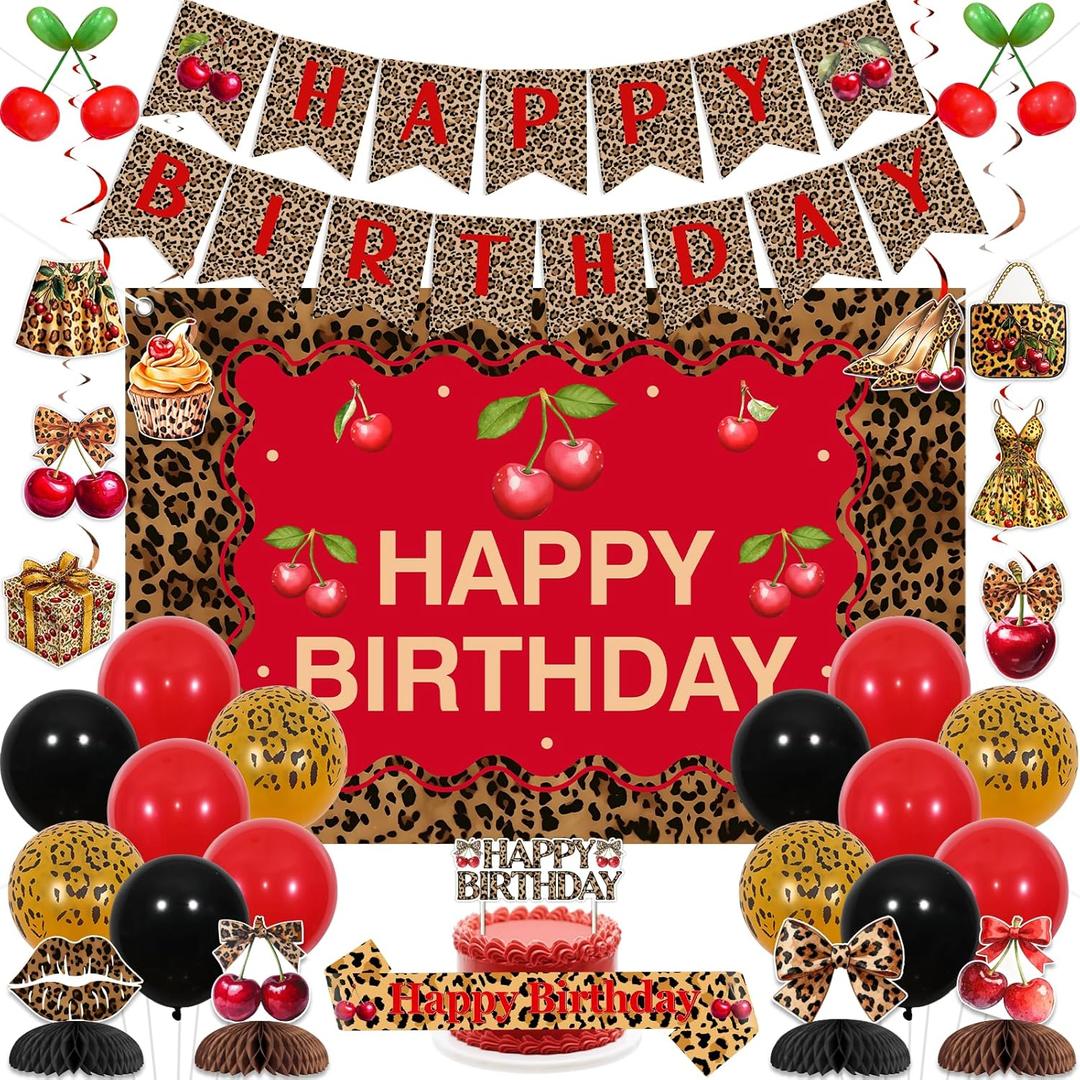 Cheetah Cherry Birthday Decorations, Leopard Happy Birthday Backdrop Banner Cake Topper Sash Honeycomb Centerpieces Hanging Swirls Balloons, Jungle Safari Party Supplies for Women