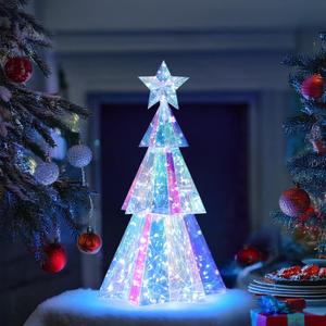 Holographic Christmas Tree, 15 Inch Desktop Decoration Tree with LED Lights, Prismatic Iridescent Christmas Tree Gift for Kids Girls Families Office Indoor Decorations
