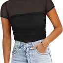 REORIA Women's Sexy Mock Turtle Neck Short Sleeve Shirts Sheer Mesh Ruched Trendy Going Out Bodysuits Tops, Black, Small
