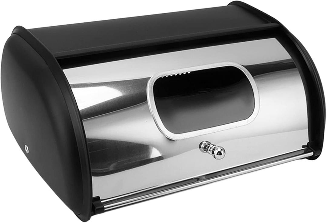 Bread Box, Large Capacity Stainless Steel Bread Box with Roll Up Lid, Multifunctional Bread Box Bin Bread Container with Small Window for Kitchen Countertop (Black)
