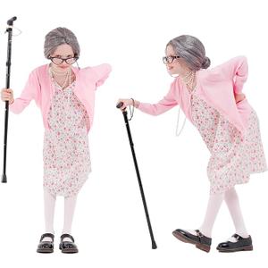 Kids 100 Days of School Costume for Girls, Old Lady Costume wig cardigan sweater and Granny Grandma Set for Child, 120