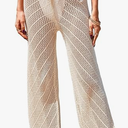 Womens Crochet Knit Elastic Waist Swimsuit Coverup Summer 2025 Striped Beach Bathing Suit Cover Up Pants, beige, size M