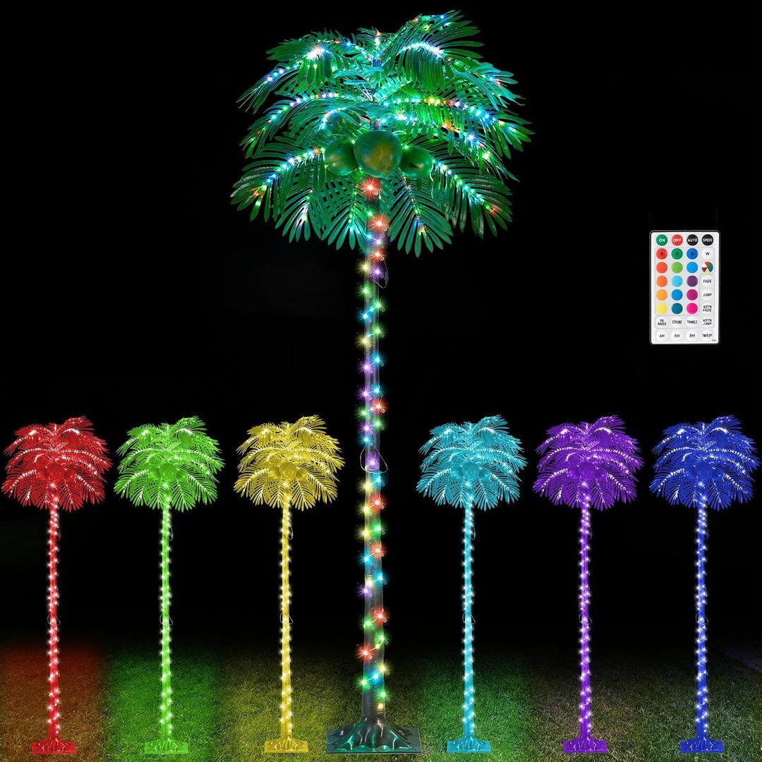 7FT 224LED Colorful Lighted Palm Tree with Coconuts Outdoor Artificial Fake Palm Tree with Remote for Outside Patio Pool Hawaiian Luau Jungle Party